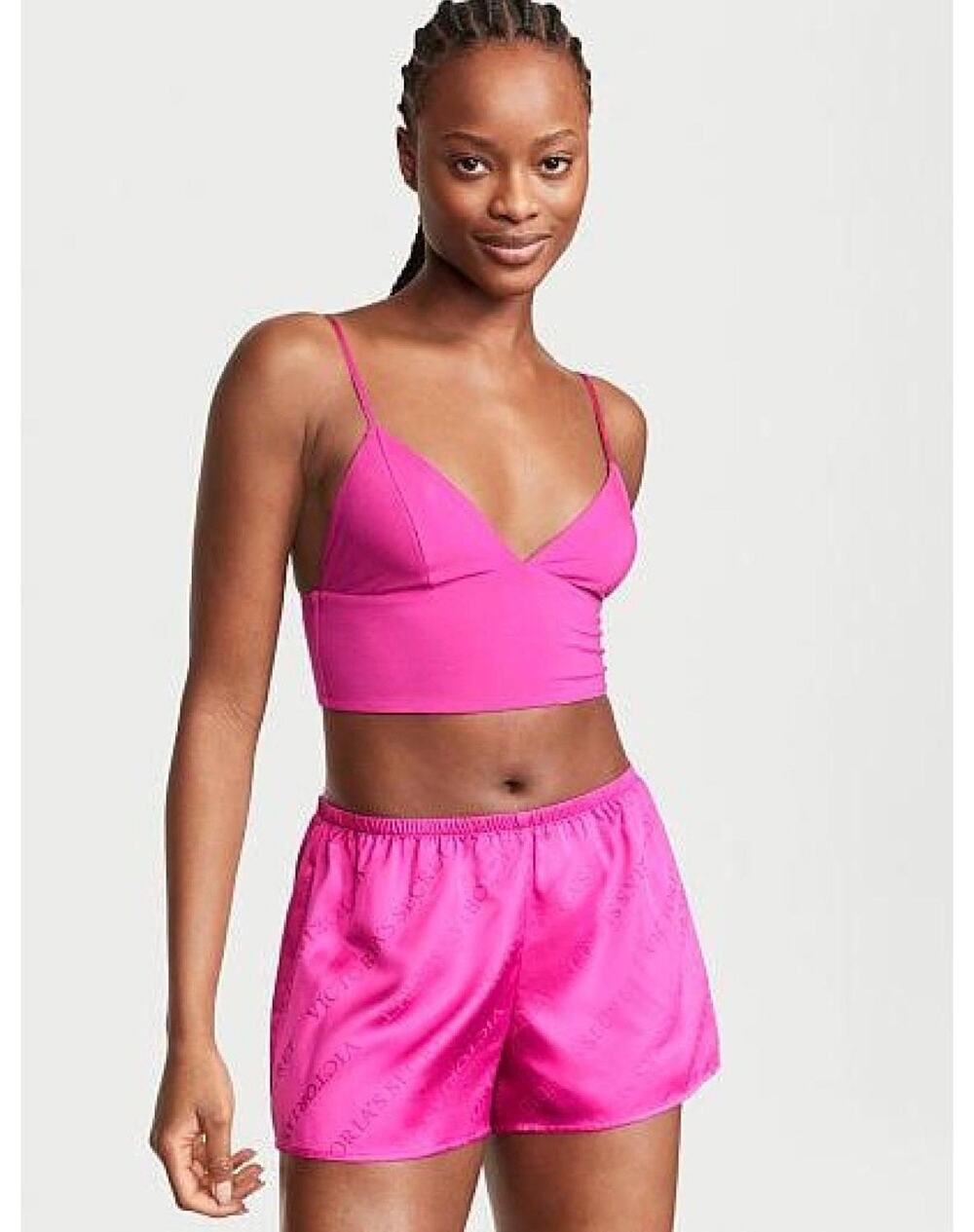Victoriaβs Secret Fuchsia Pink Satin Logo Pajama Cami Shorts Set L